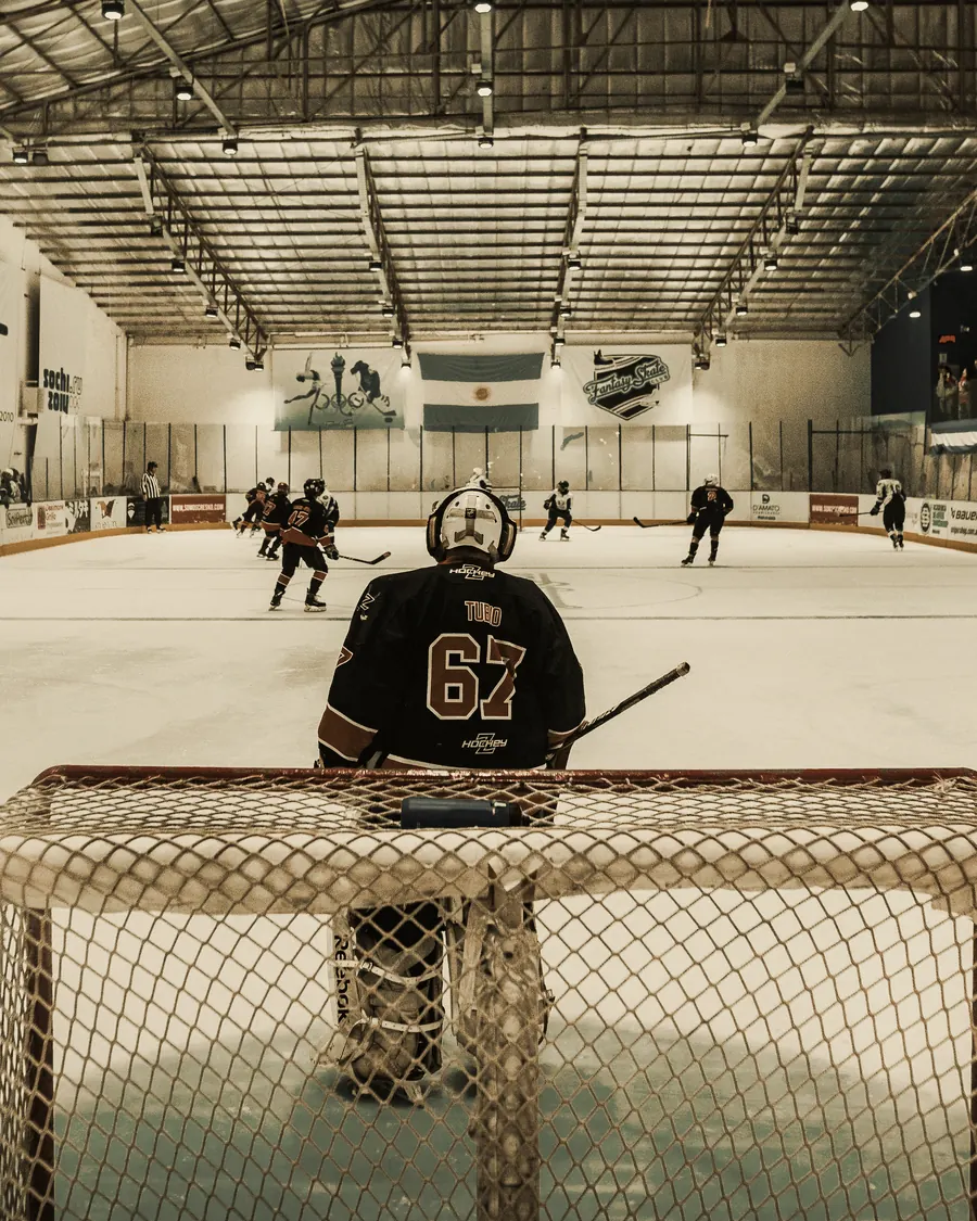 A goaltender watching play from behind his net, the full arena and his team beyond