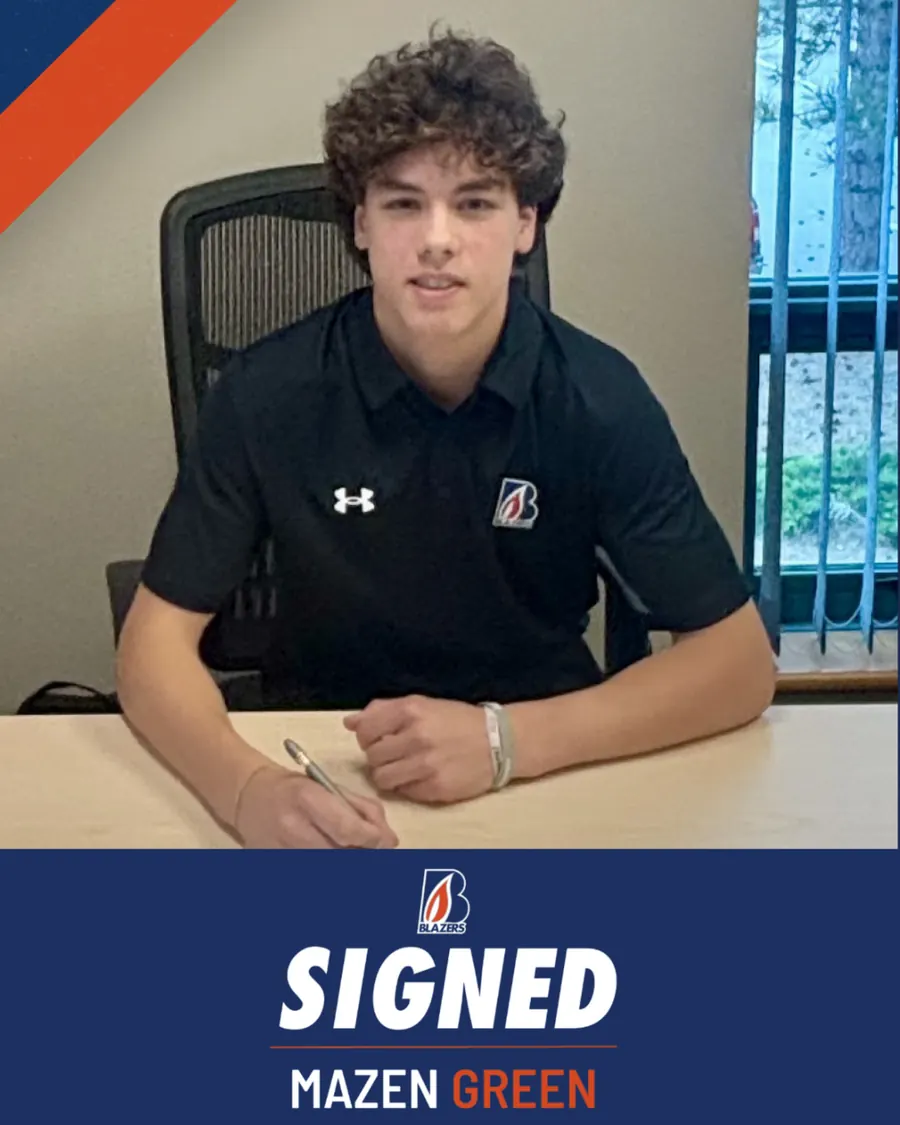 Kamloops Blazers announcement graphic: Mazen Green signing at a desk, above a panel reading SIGNED — Mazen Green, forward